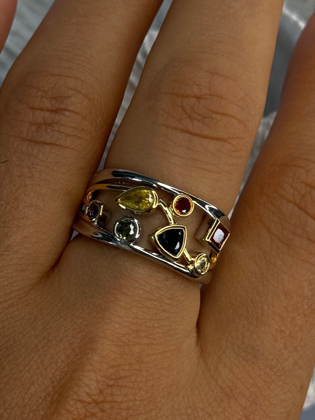 925 Sterling Silver Gold Plated Part Multi Color Gemstones Ring Size 8