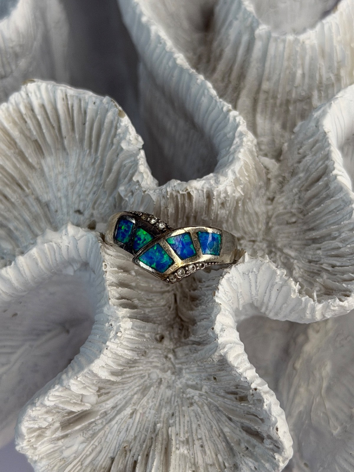 925 Sterling Silver Opal & Beryl Ring Size 7