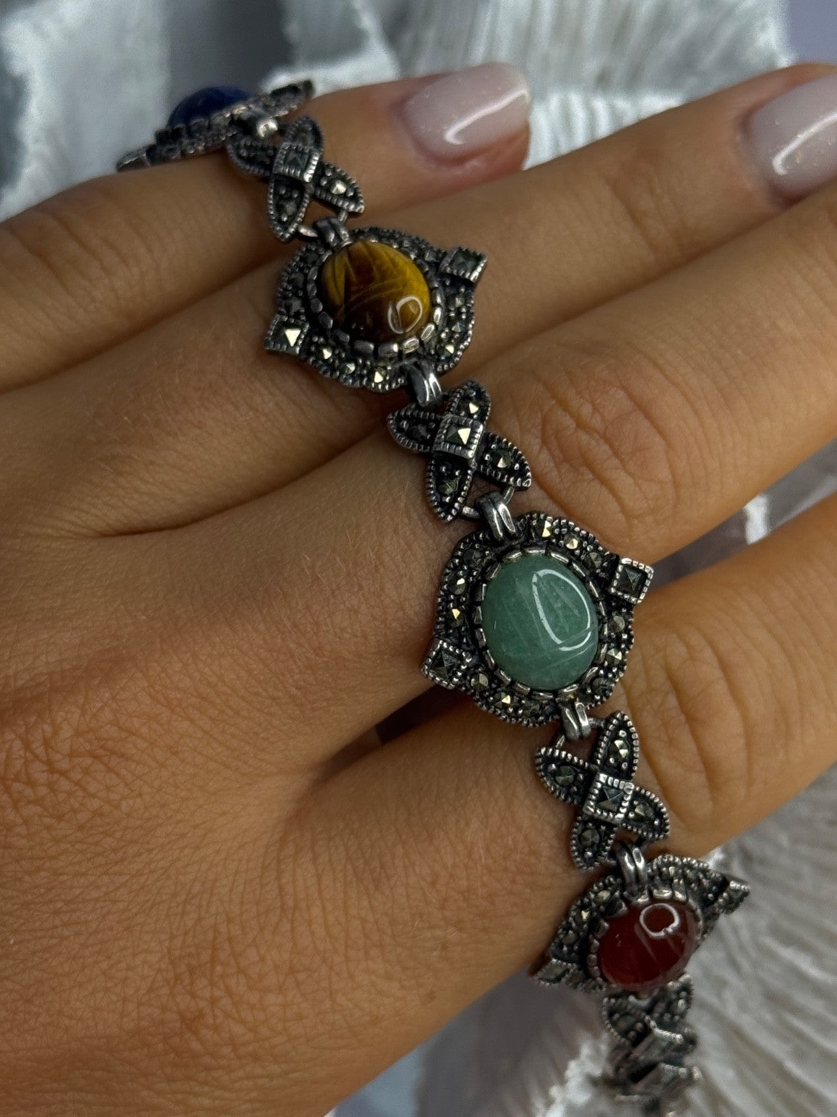 Vintage 925 Sterling Silver Multi Color Stones Bracelet Lenght 8