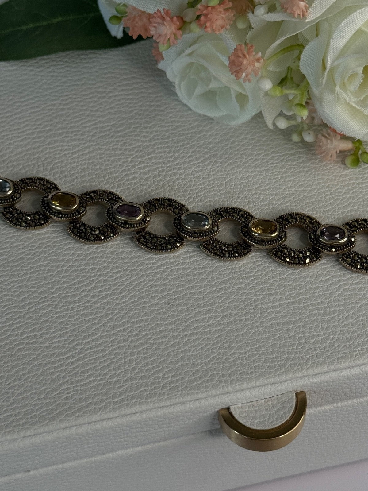 925 Sterling Silver Amethyst Citrine Topaz Marcasite Bracelet Length 7.5 Inch