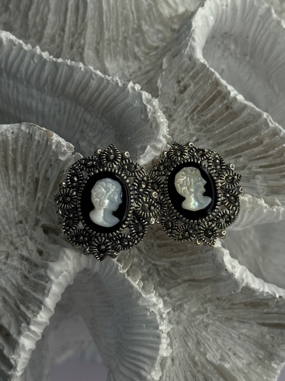 925 Sterling Silver Victorian Cameo Carved Shell Marcasite Earrings