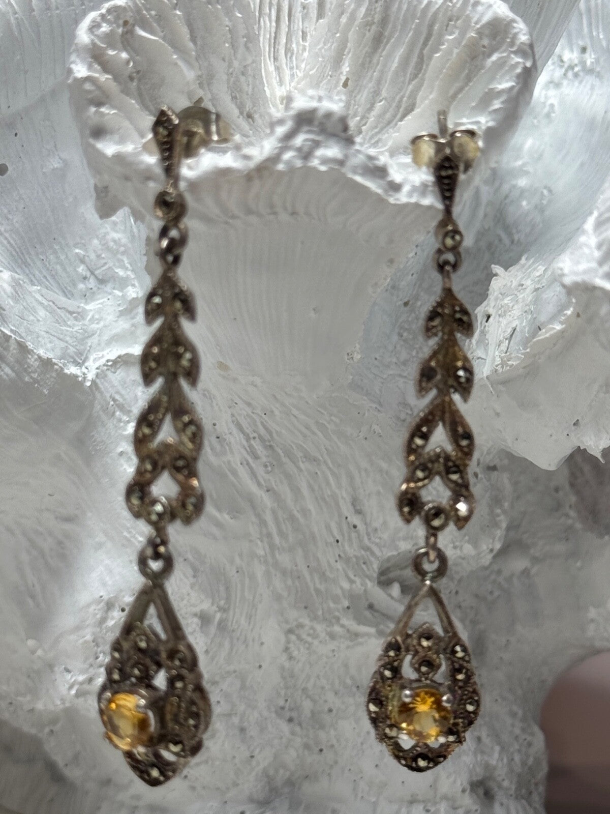 925 Sterling Silver Citrine & Marcasite Earrings Length 2.2 Inch