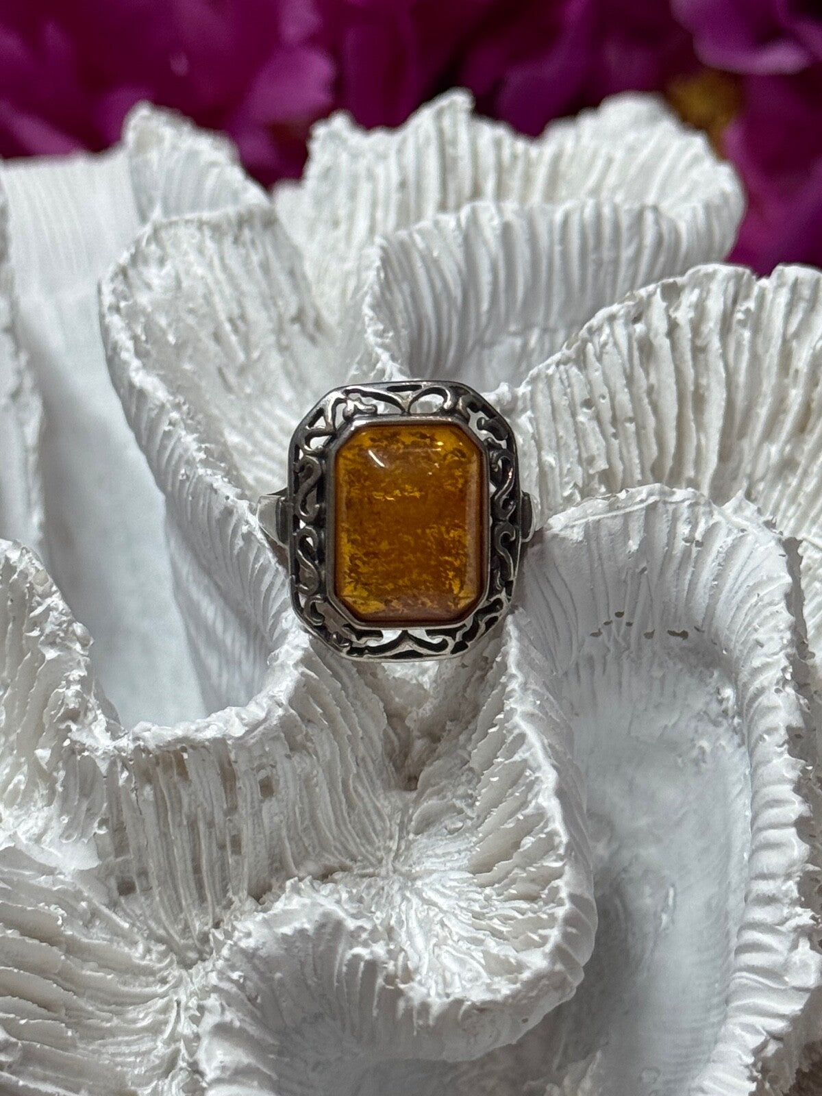 925 Sterling Silver Amber Ring Size 5