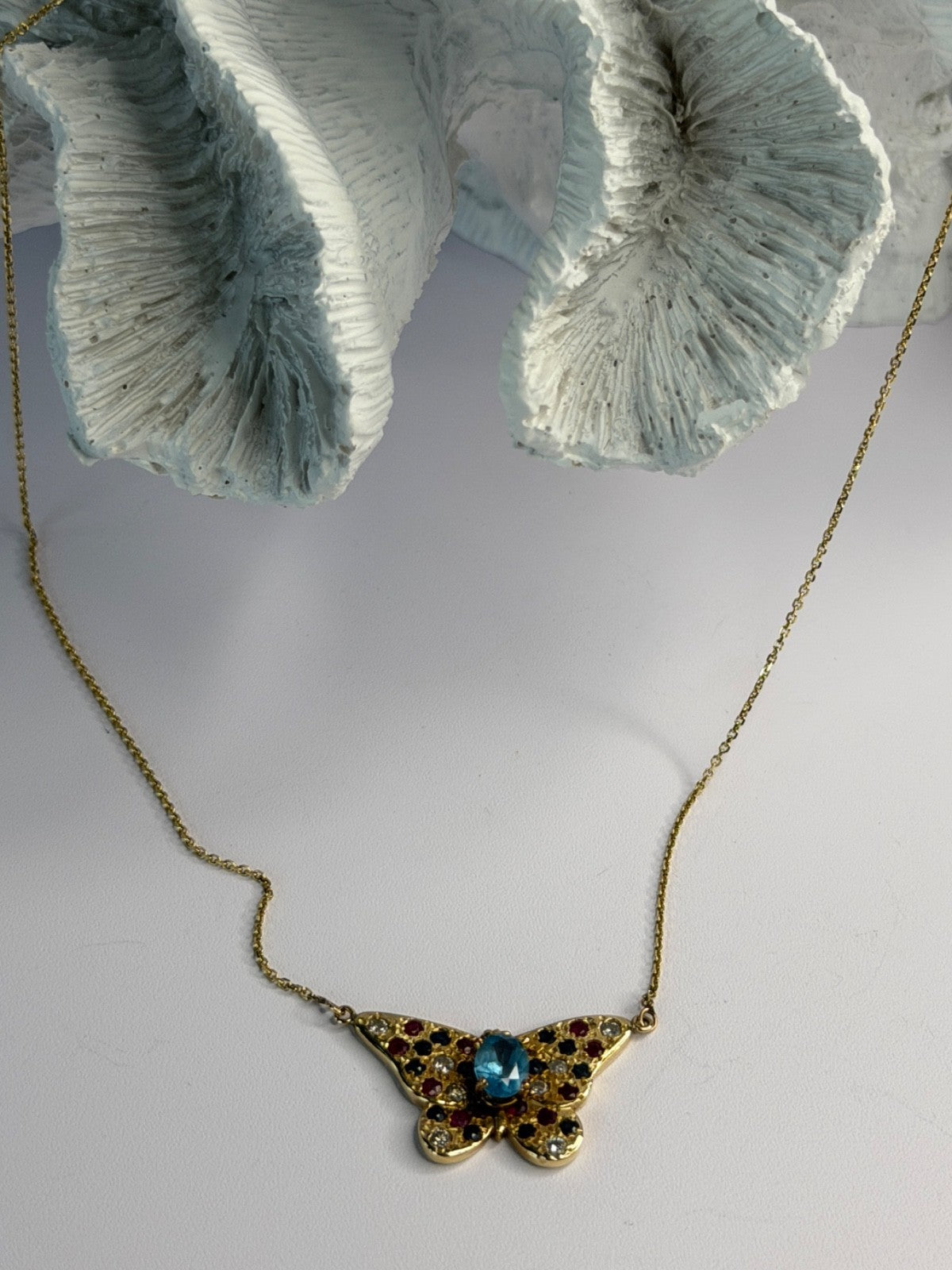14K Yellow Gold Topaz Ruby Sapphire Diamond Necklace Butterfly