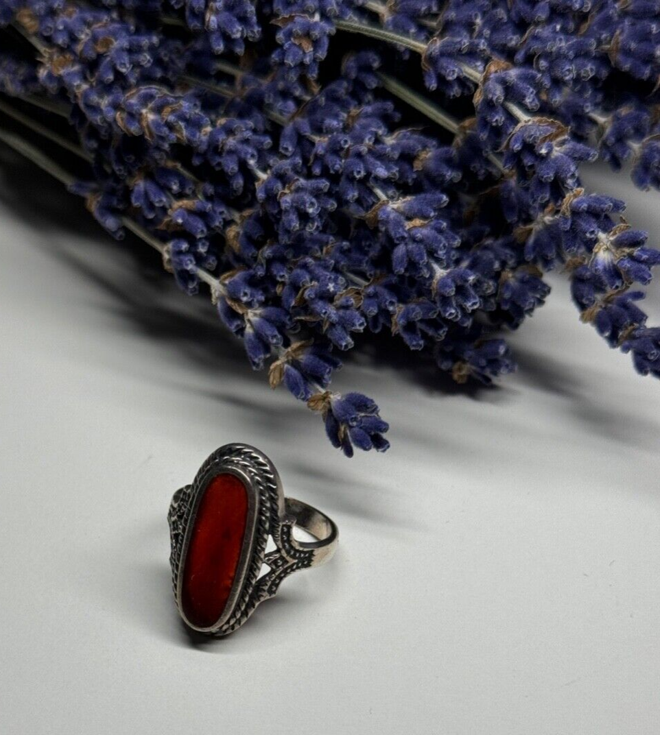 925 Sterling Silver Amber Ring Size 8