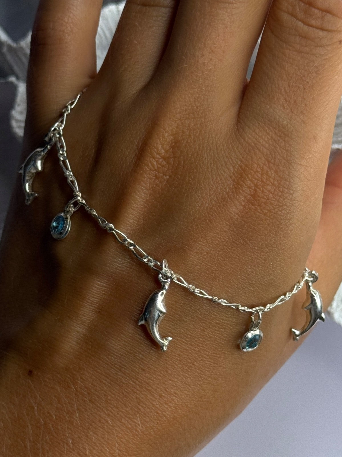 925 Sterling Silver Dolphin Blue Topaz Bracelet Length 7.5