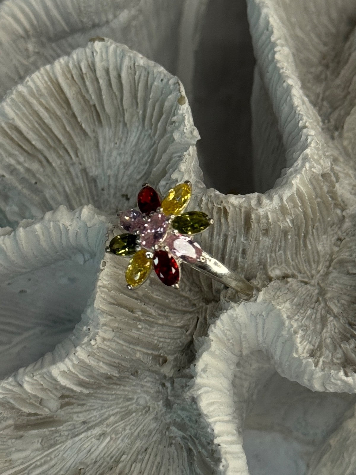 925 Sterling Silver Multi Color Spinel Flower Ring Size 7