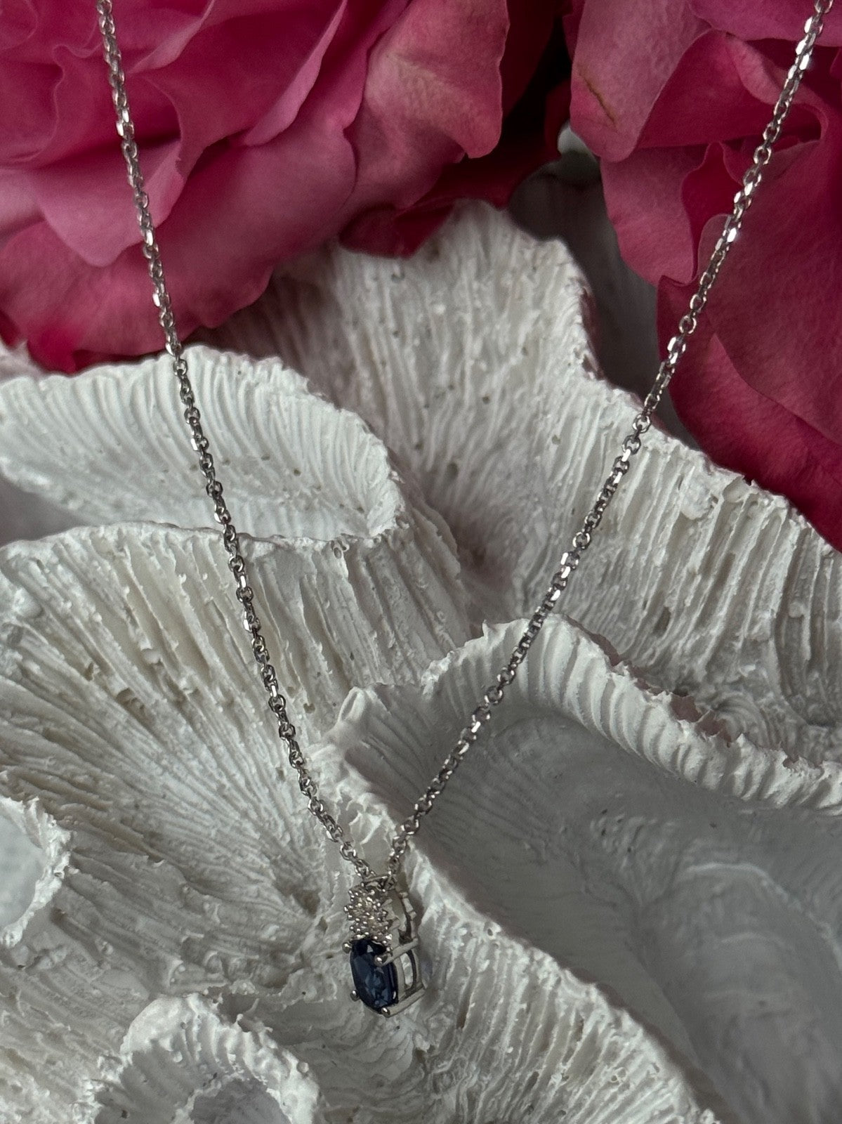 14K White Gold Chain & 10K White Gold Pendant Sapphire & Diamond