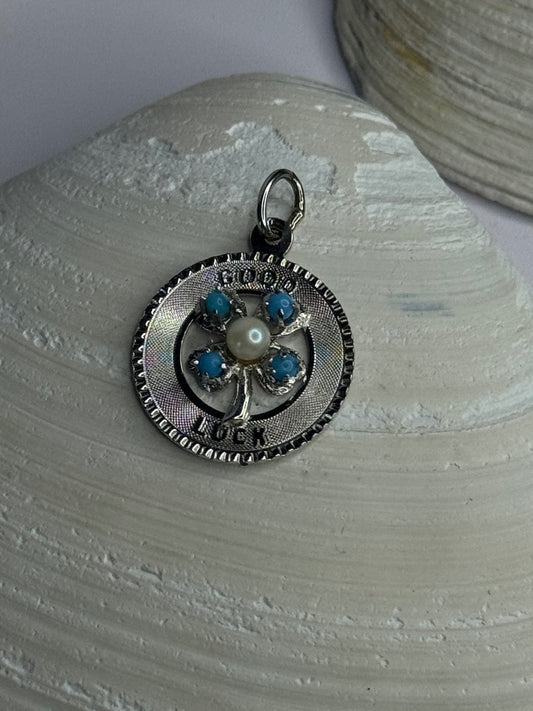 M&M 925 Sterling Silver Good Luck Pearl & Larimar Pendant Length 1.10 Inch