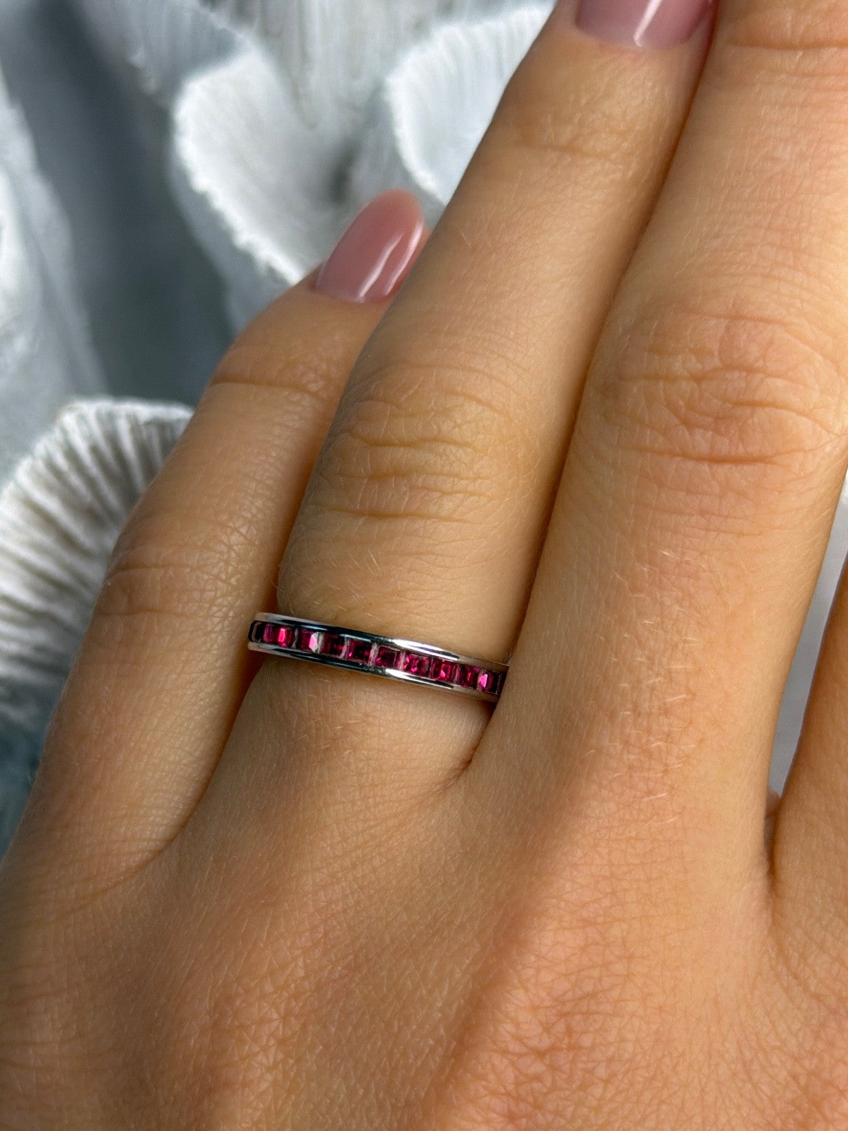 925 Sterling Silver Pink Spinel Band Ring Size 6