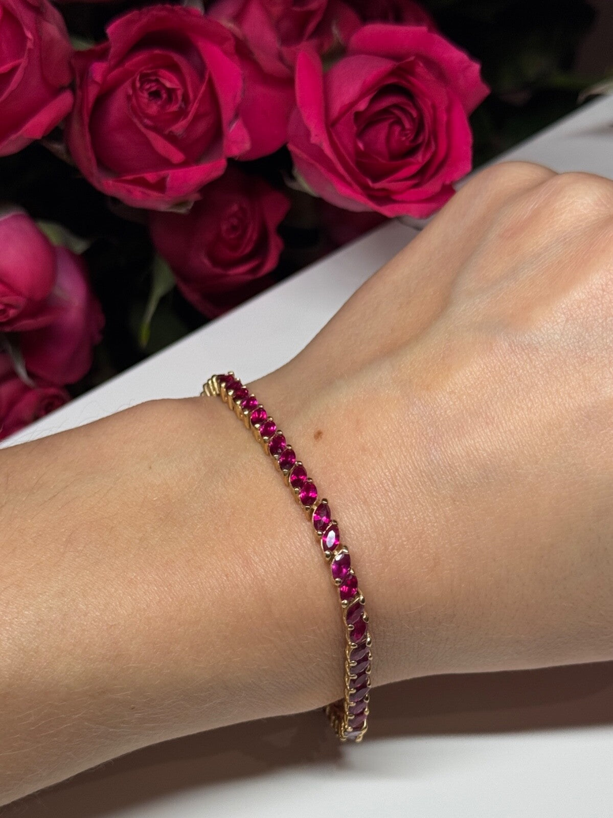925 Sterling Silver Gold Plated Ruby Bracelet Length 7.5