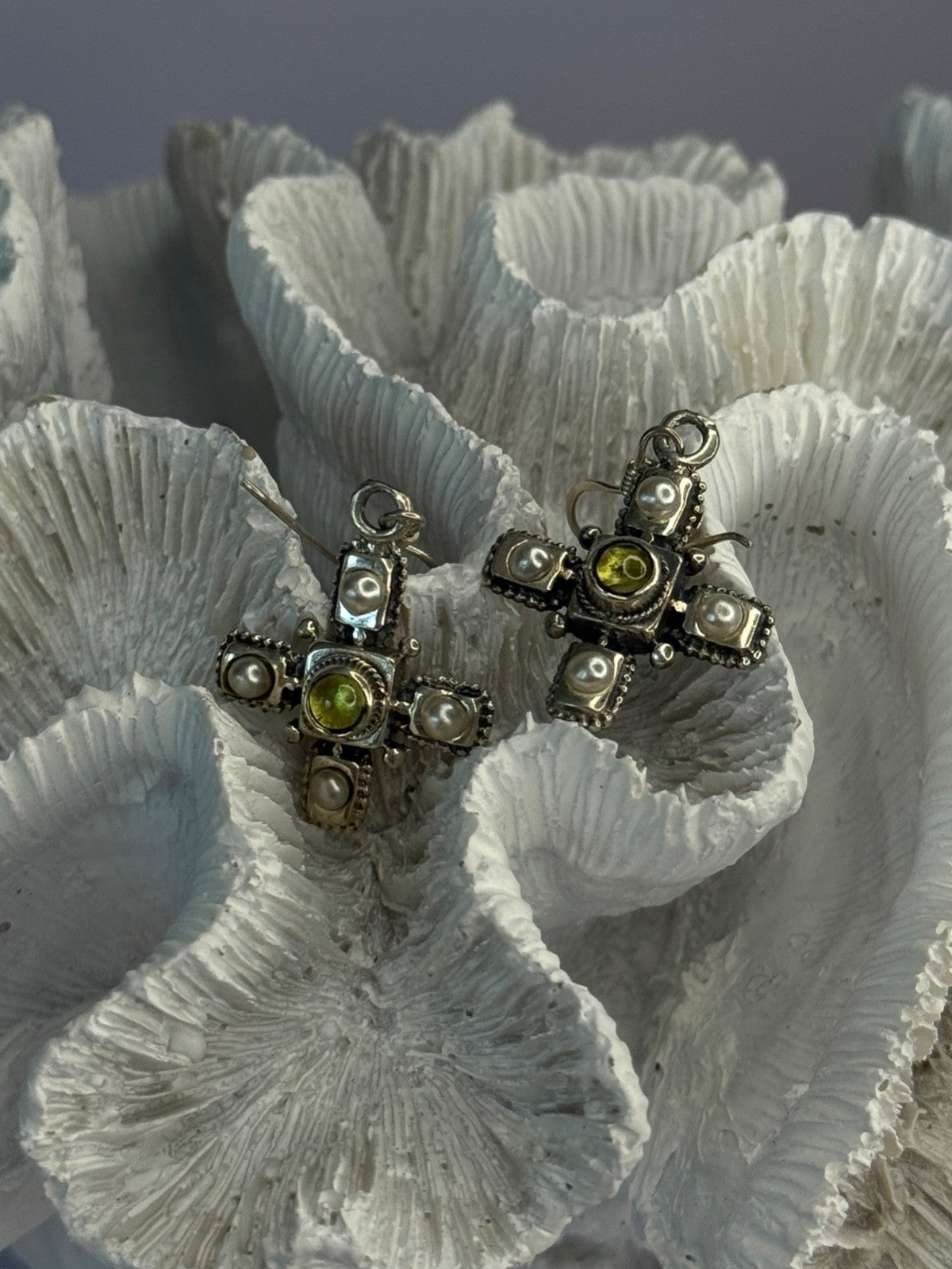 925 Sterling Silver Green Amber & Pearl Cross Earrings Length 1.50 Inch