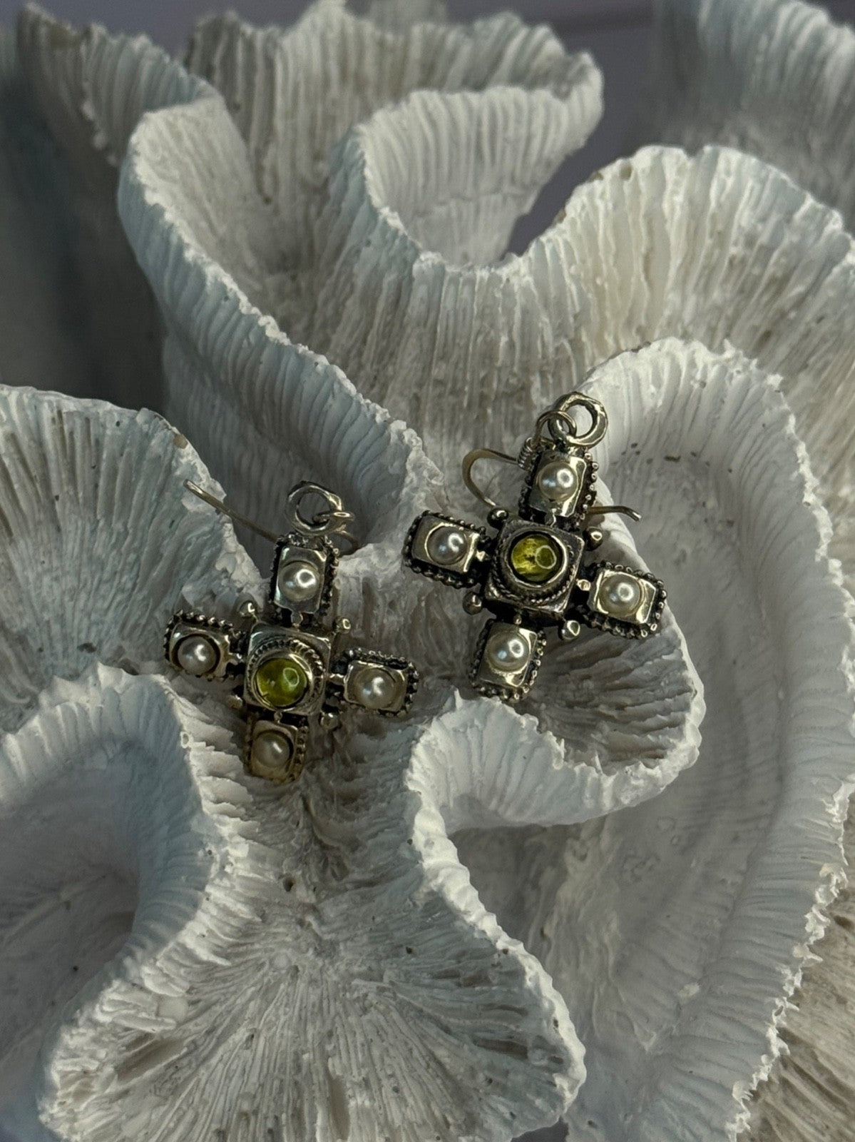 925 Sterling Silver Green Amber & Pearl Cross Earrings Length 1.50 Inch