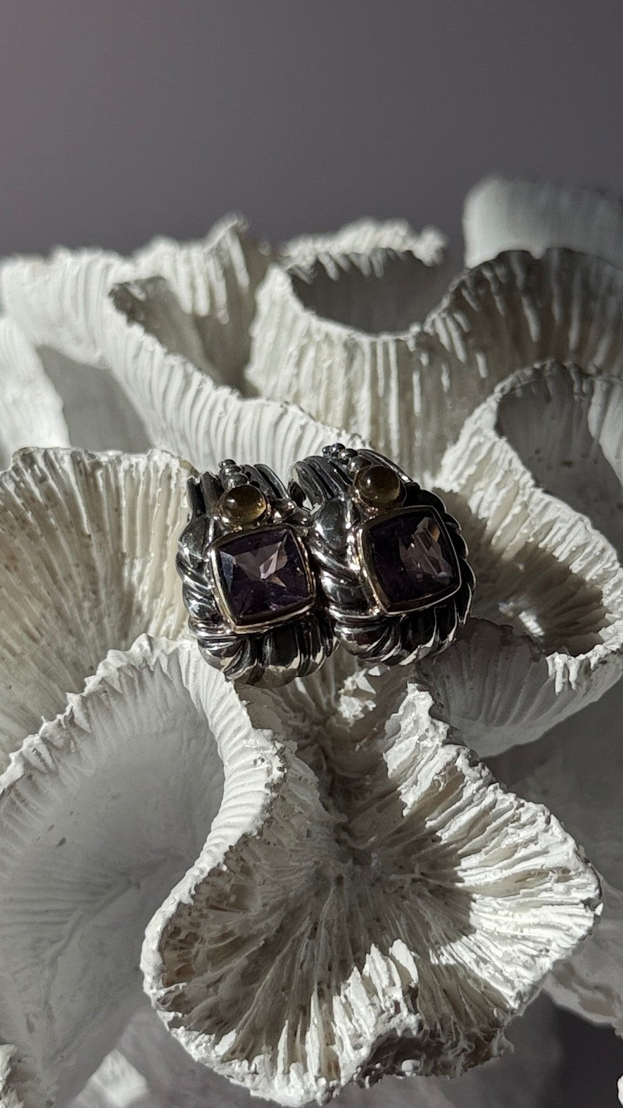 925 Sterling Silver Amethyst & Amber Clip Earrings