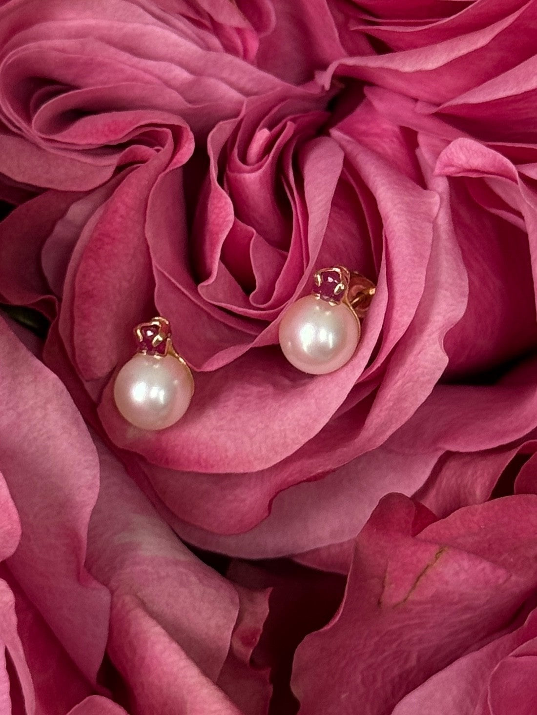 14K Yellow Gold Pearl & Ruby Stud Earrings