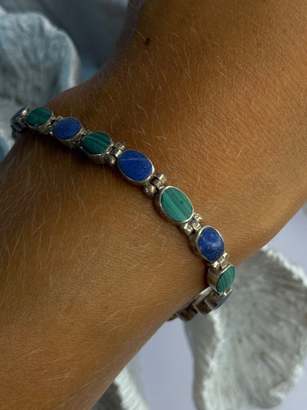 925 Sterling Silver Malachite & Sodalite Bracelet Length 7