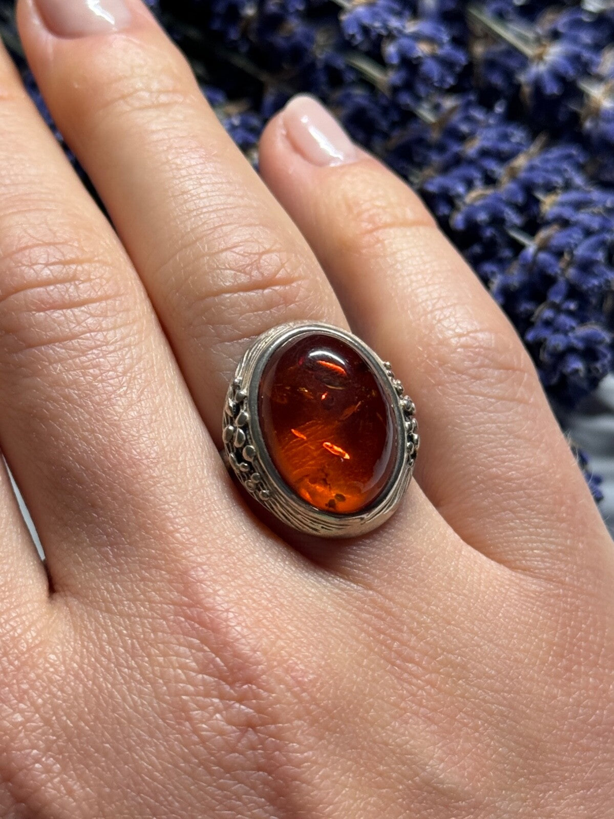 925 Sterling Silver Amber Ring Size 6
