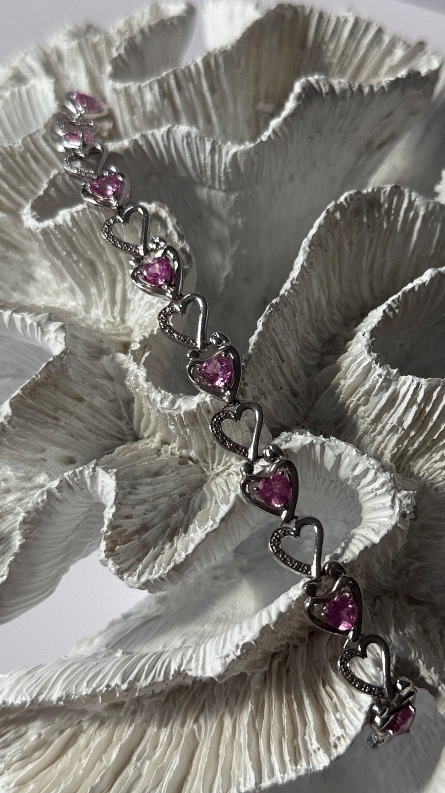 925 Sterling Silver Pink Sapphire Heart Bracelet Length 7.5