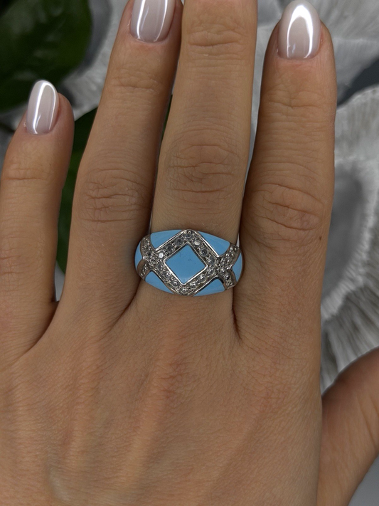 925 Sterling Silver Blue Turquoise & White Colorless Beryl Ring Size 9
