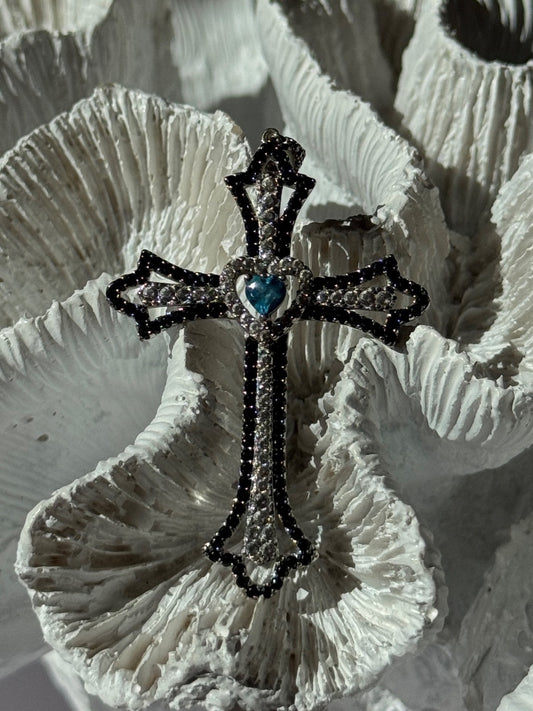 925 Sterling Silver Sapphire Beryl Topaz Heart Pendant Cross