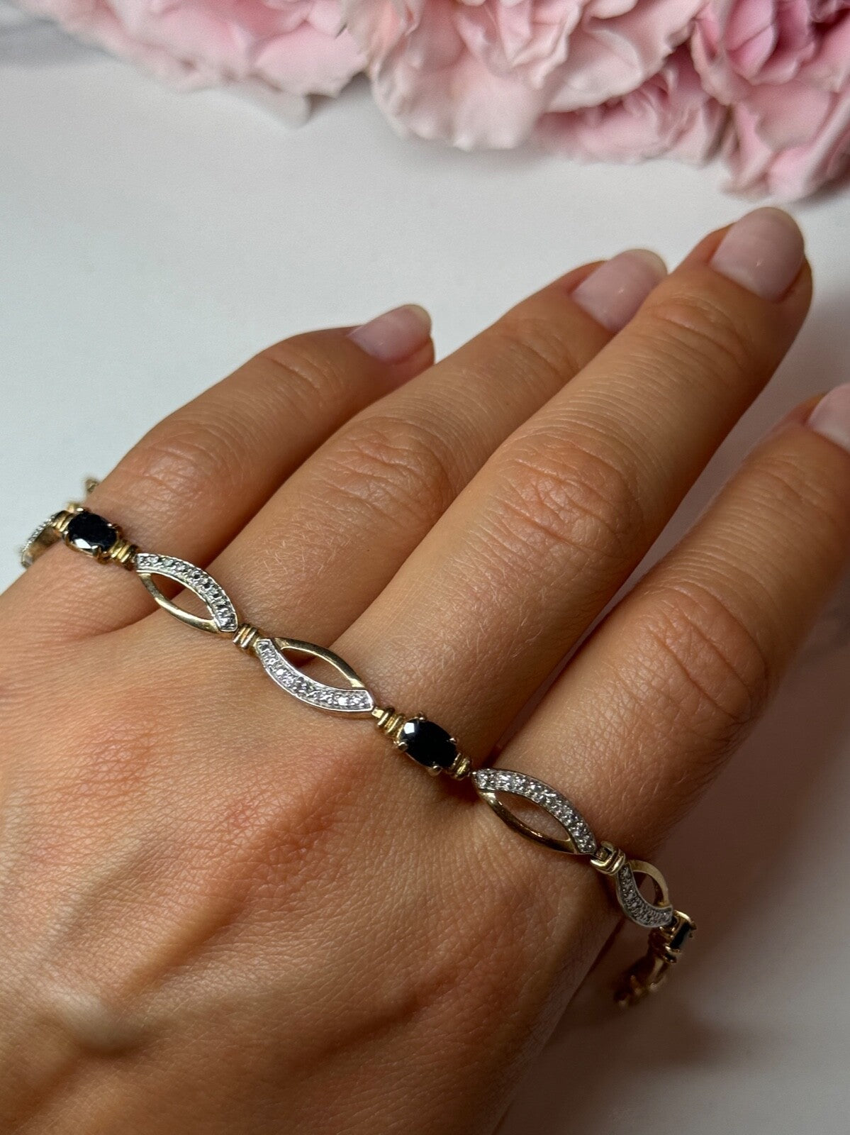 925 Sterling Silver Gold Plated Sapphire Bracelet Length 7.5 in