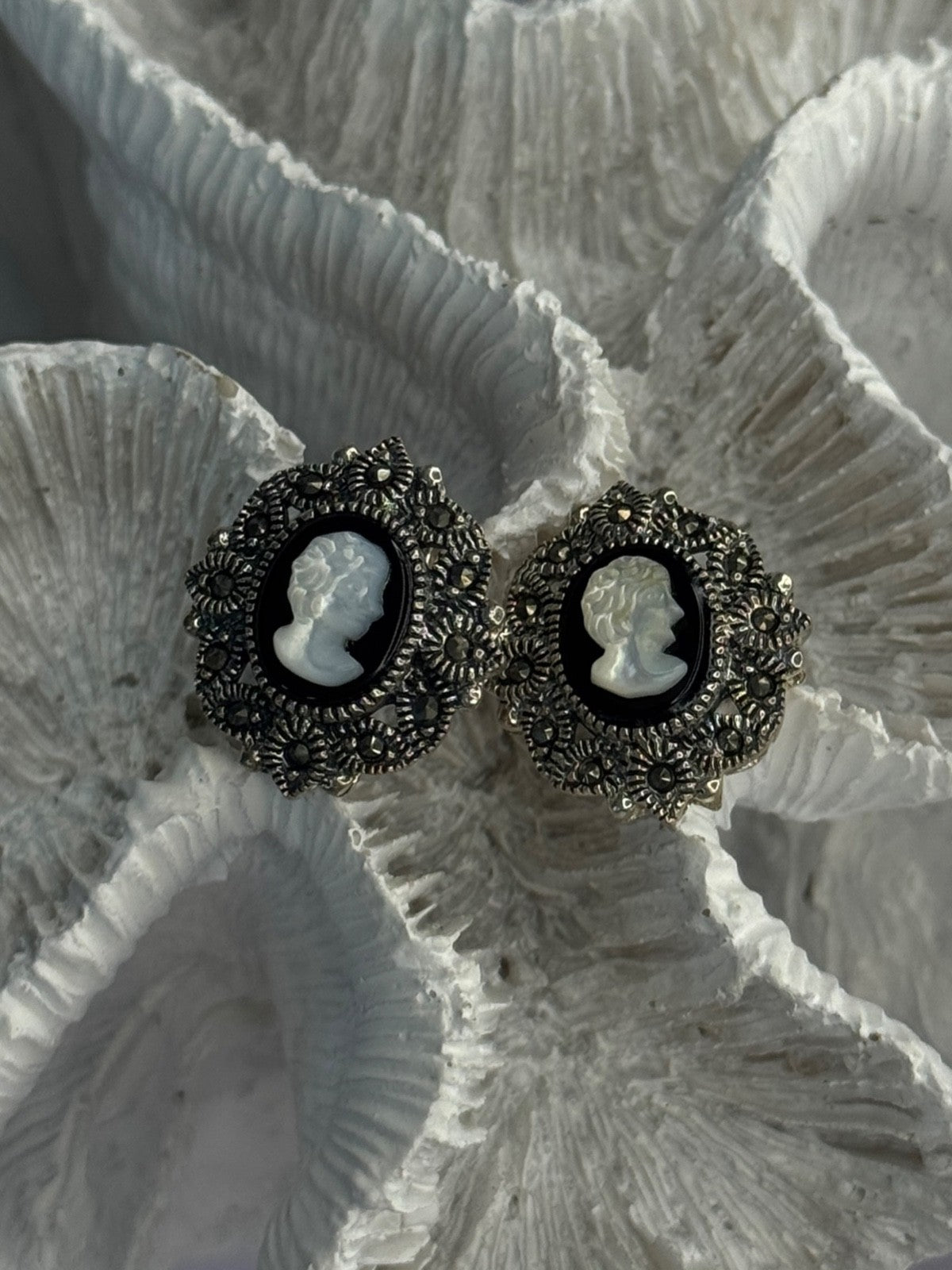 925 Sterling Silver Victorian Cameo Carved Shell Marcasite Earrings