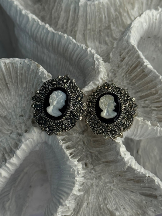 925 Sterling Silver Victorian Cameo Carved Shell Marcasite Earrings