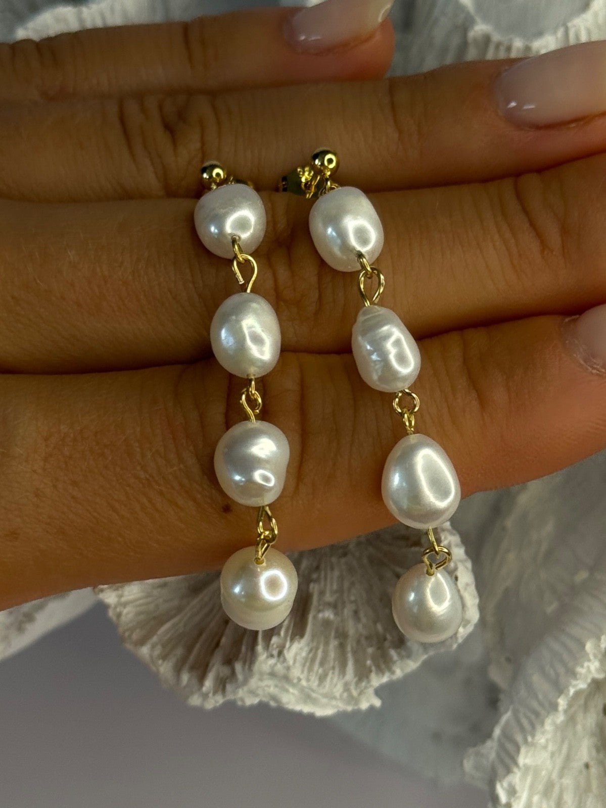 925 Sterling Silver Gold Plated Pearl Earrings Length 2.30 Inch