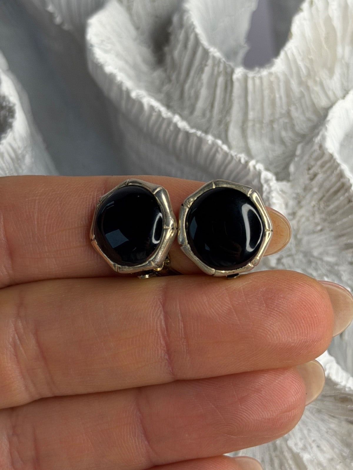 Vintage 925 Sterling Silver Black Onyx Clip-On Earrings