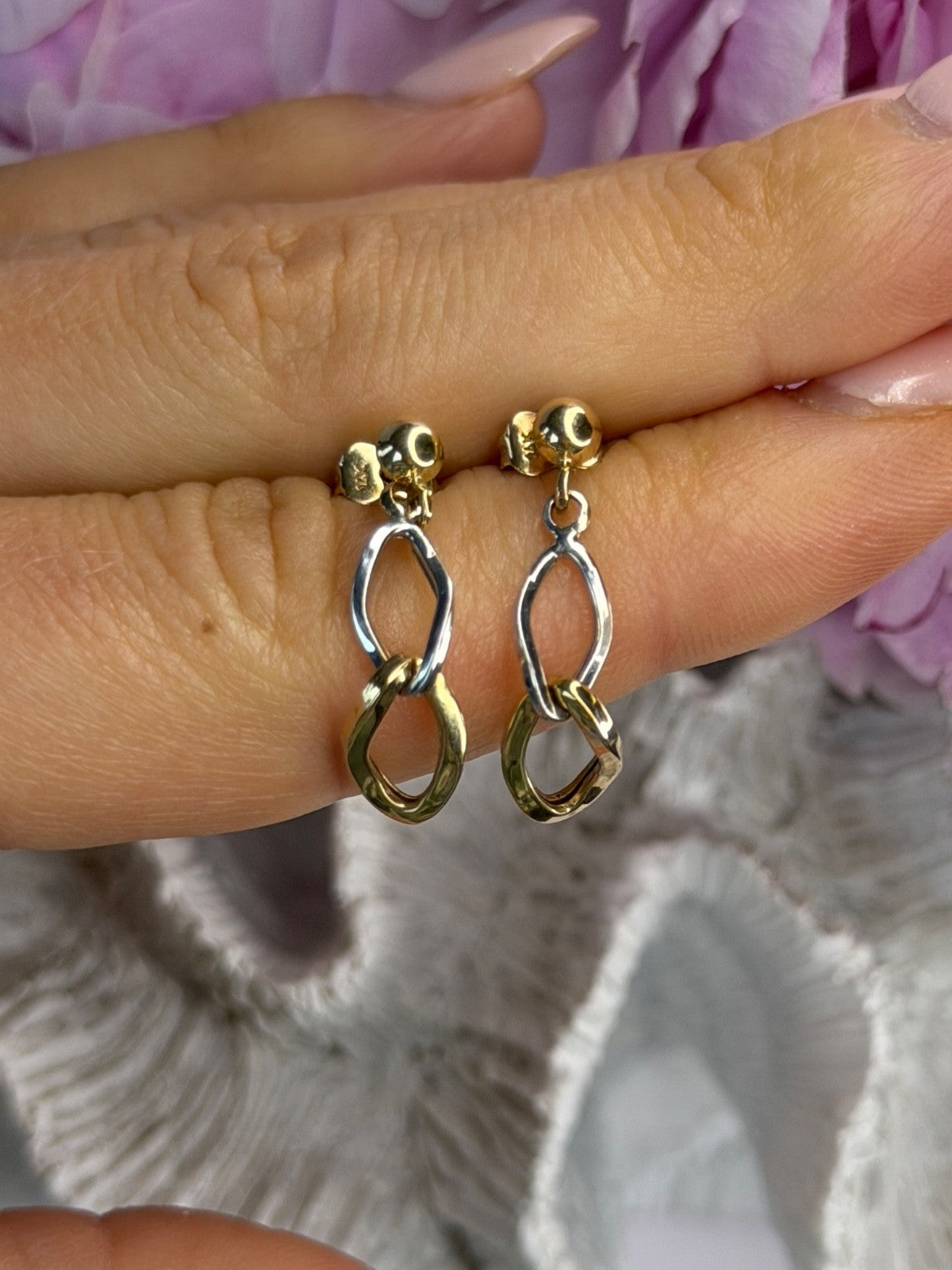 Aesthetic 14K Yellow & White Gold Earrings Length 1 Inch