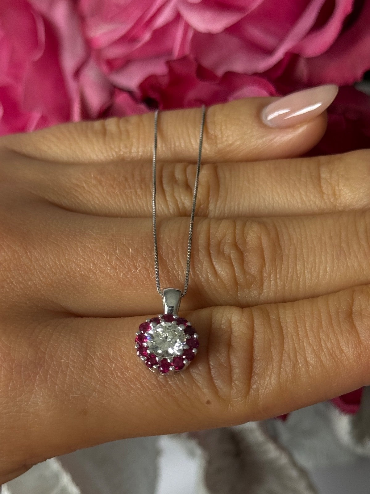 14K White Gold Diamond & Ruby Flower Necklace Length 18 inch