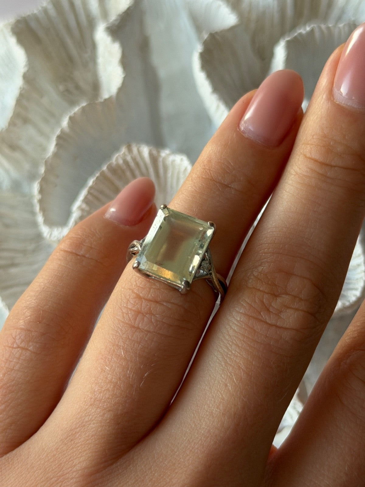 925 Sterling Silver Green Quartz & White Topaz Ring Size 6