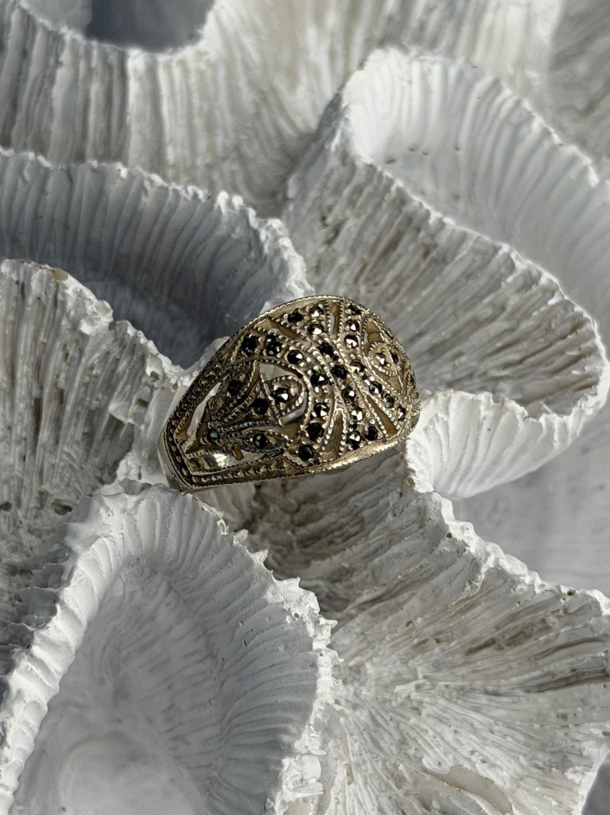 Vintage 925 Sterling Silver Marcasite Ring Size 10