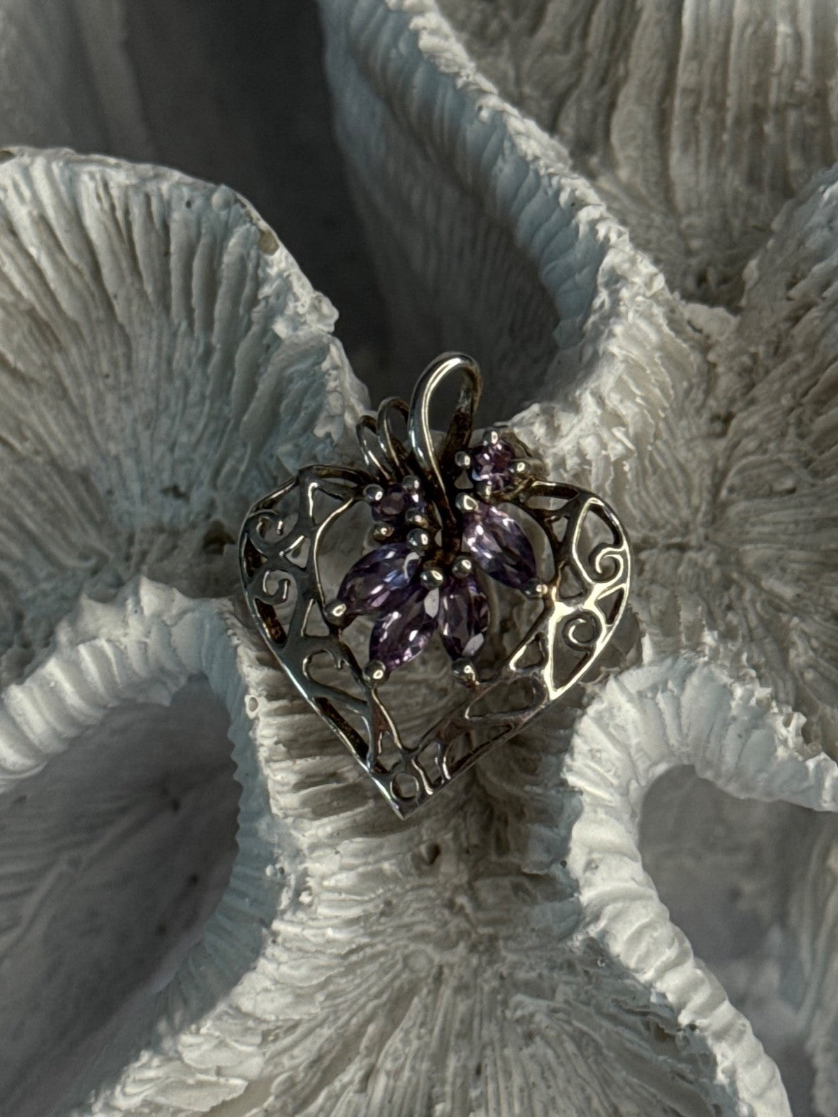 925 Sterling Silver Amethyst Heart Pendant Length 1 Inch