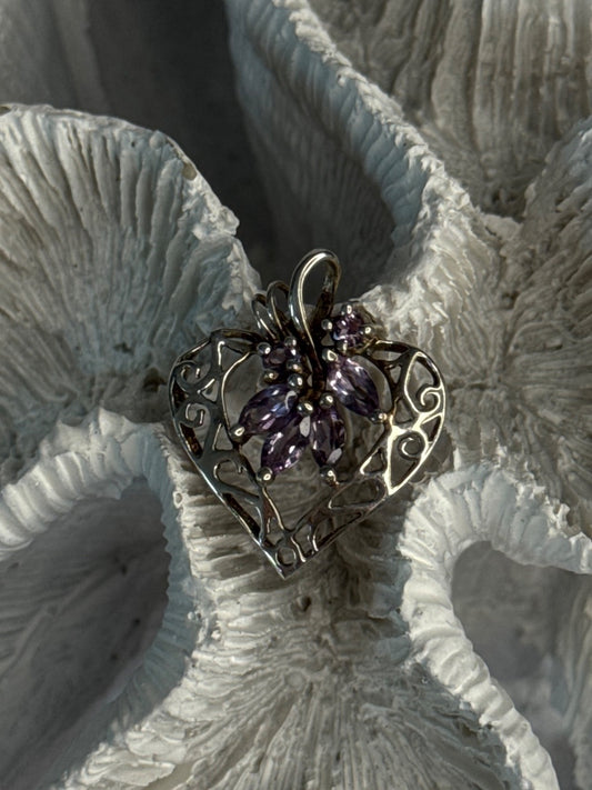 925 Sterling Silver Amethyst Heart Pendant Length 1 Inch