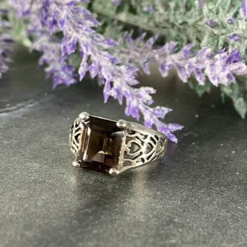 925 Sterling Silver Hessonite "Openwork" Ring Size 6.5