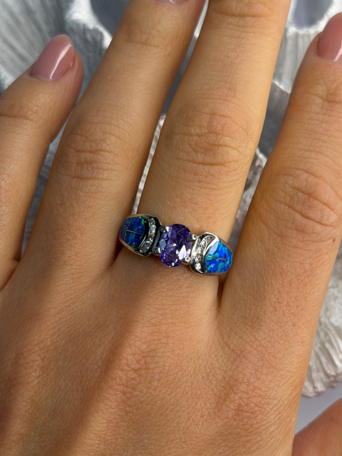 AK 925 Sterling Silver Amethyst & Opal & Beryl Ring Size 8