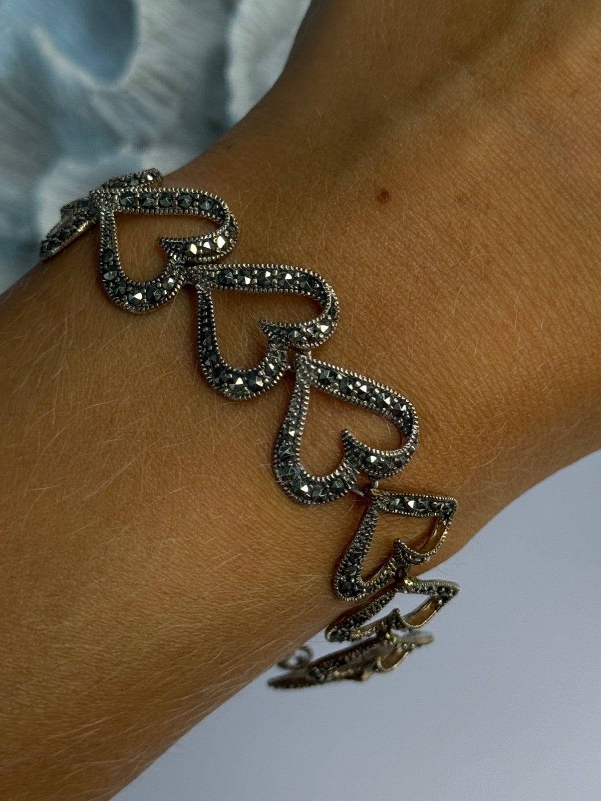 925 Sterling Silver Marcasite Hearts Bracelet Length 7.5