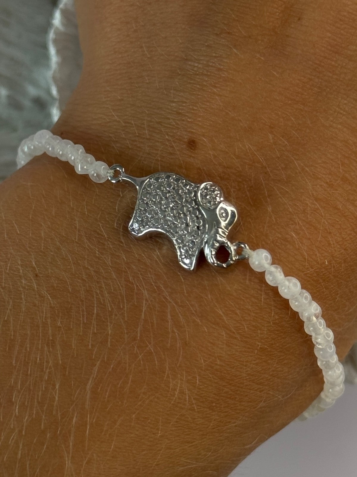 925 Sterling Silver Moonstones Elephant Charm Bracelet Length 7.5