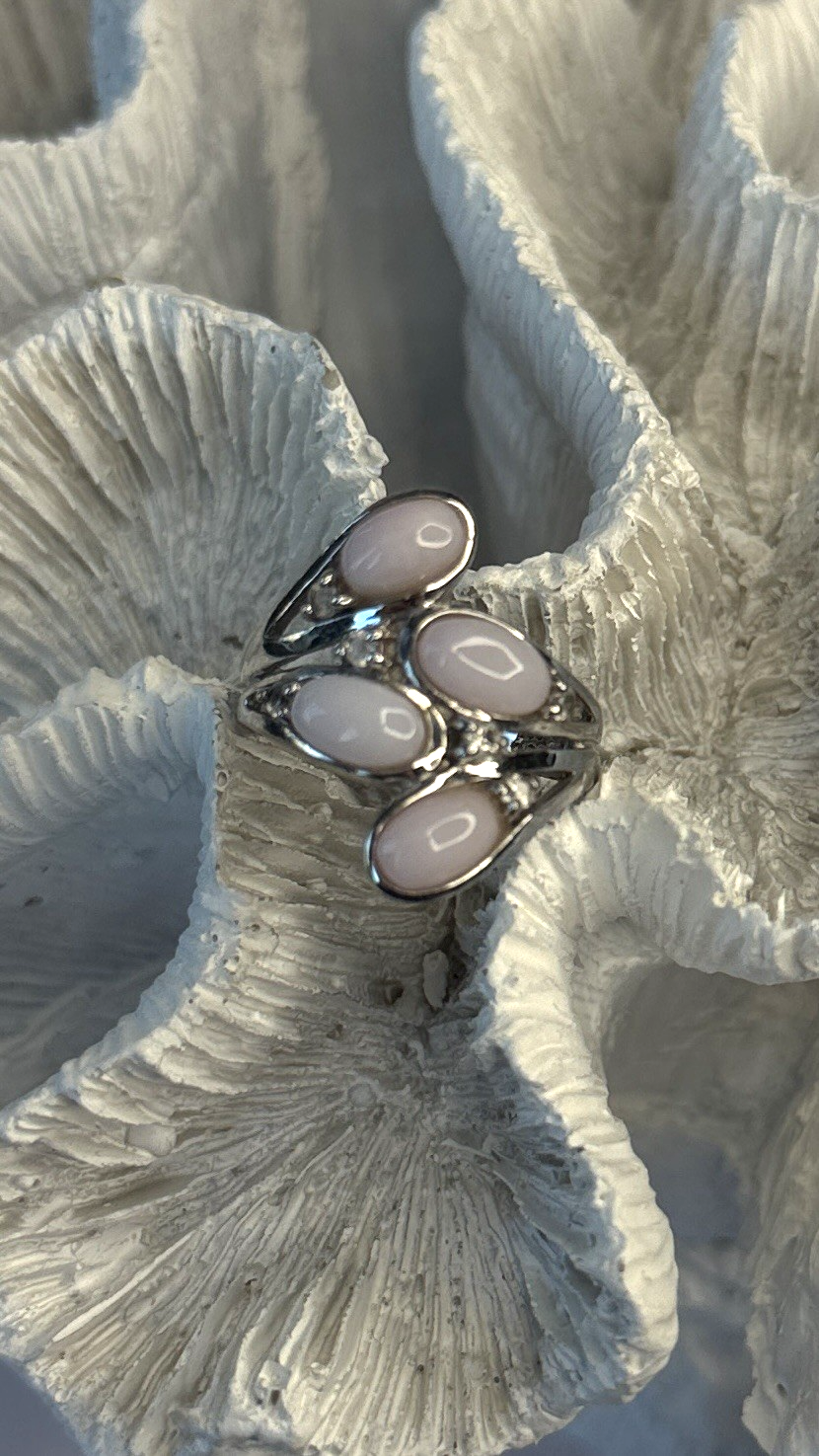 925 Sterling Silver Peruvian Pink Opal & White Colorless Beryl Ring Size 8