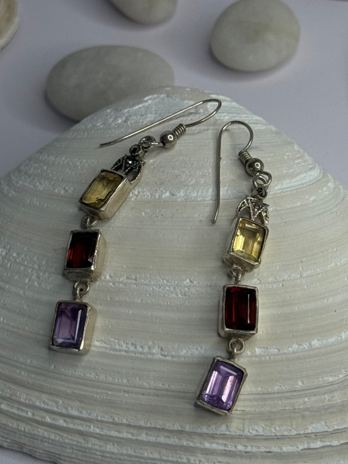 925 Sterling Silver Amethyst & Garnet & Citrine Earrings Length 2.30 Inch