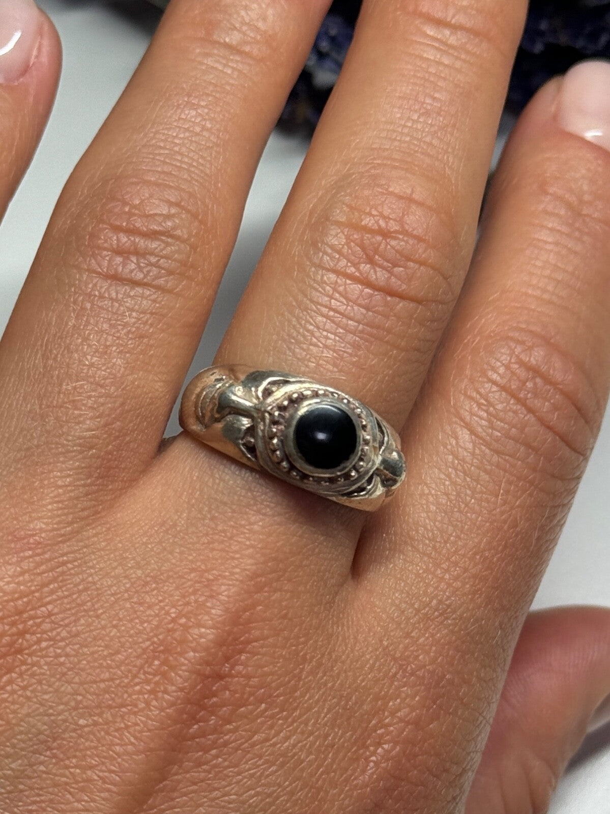 Vintage 925 Sterling Silver Black Enamel Face Ring Size 8