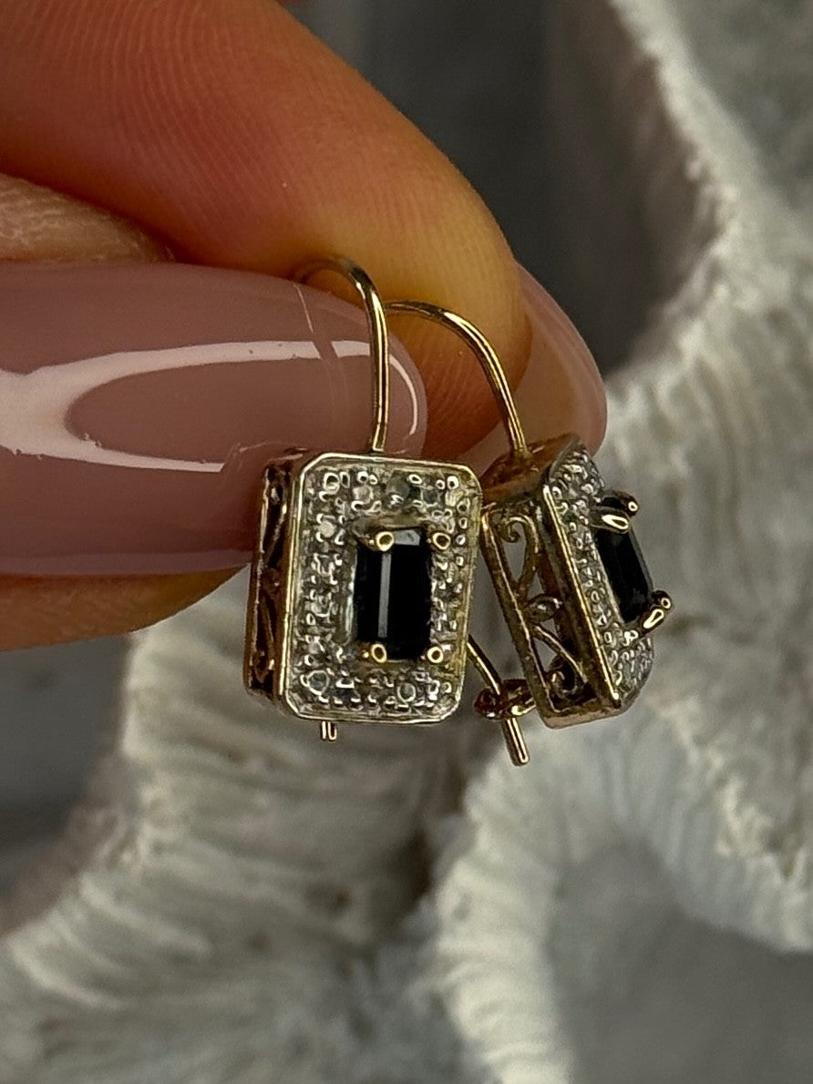 925 Sterling Silver Gold Plated Sapphire Earrings Length 0.70 Inch