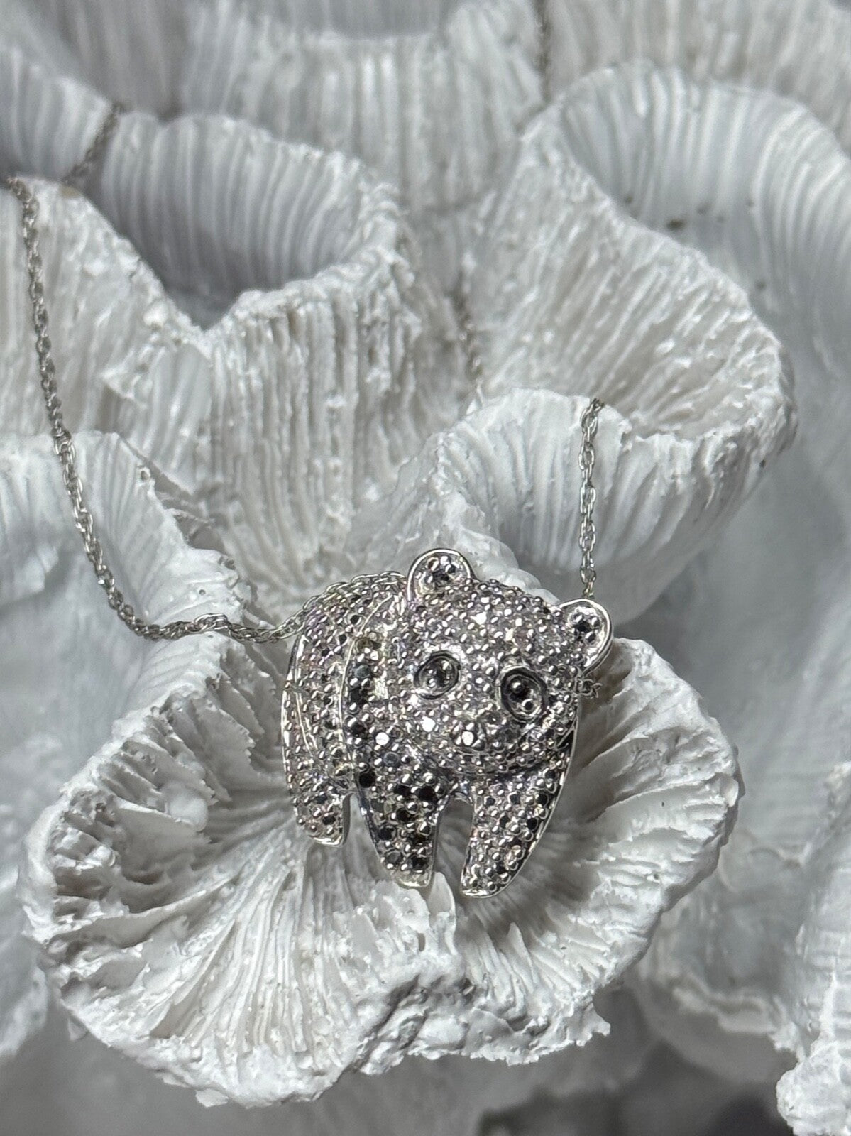 925 Sterling Silver CZ "Panda" Necklace Length 18 In