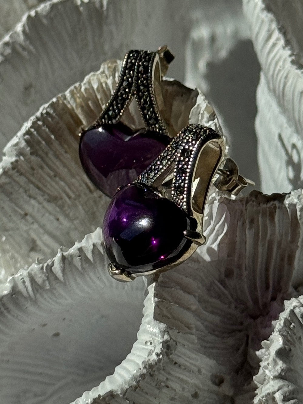 925 Sterling Silver Amethyst Heart & Marcasite Earrings Length 0.90 Inch