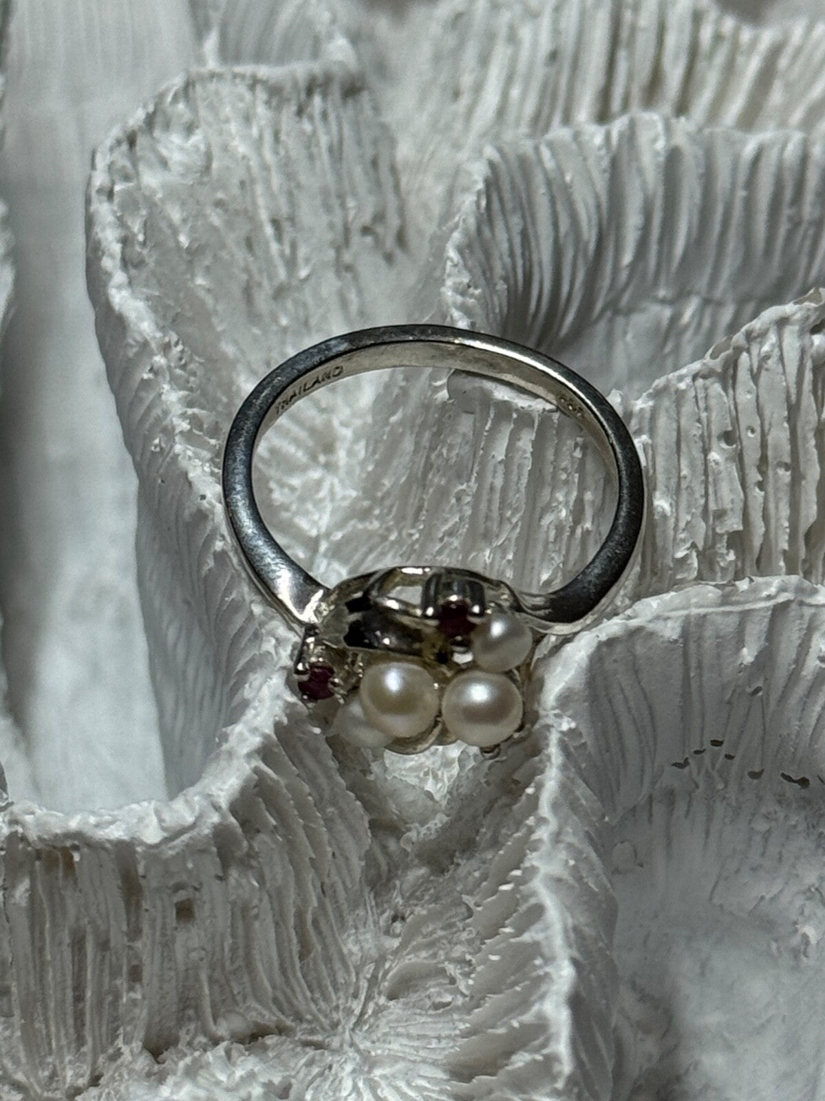 925 Sterling Silver Pearls & Ruby Ring Size 8
