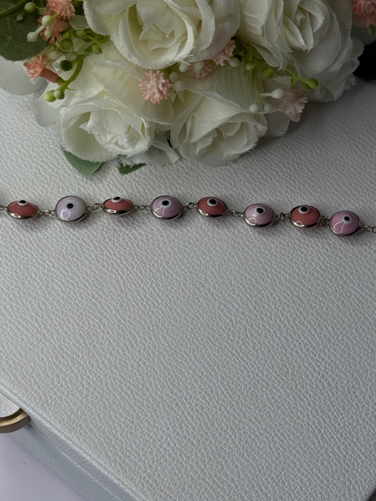 Ati 925 Sterling Silver Pink Evil Eye Bracelet Length 7 Inch