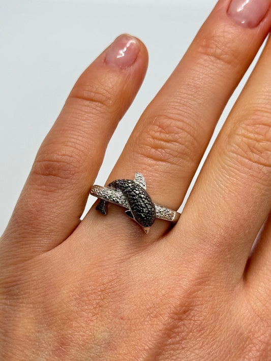 925 Sterling Silver Marcasite & CZ Dolphin Ring Size 6