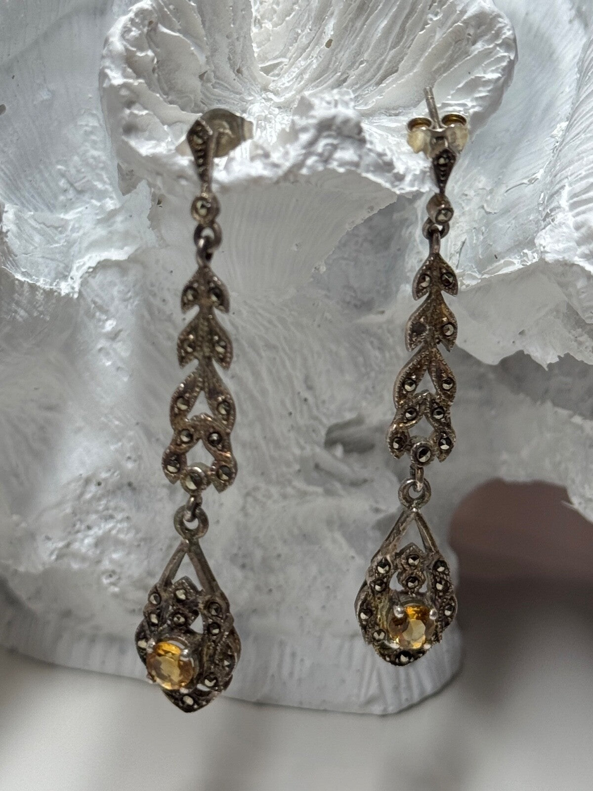 925 Sterling Silver Citrine & Marcasite Earrings Length 2.2 Inch