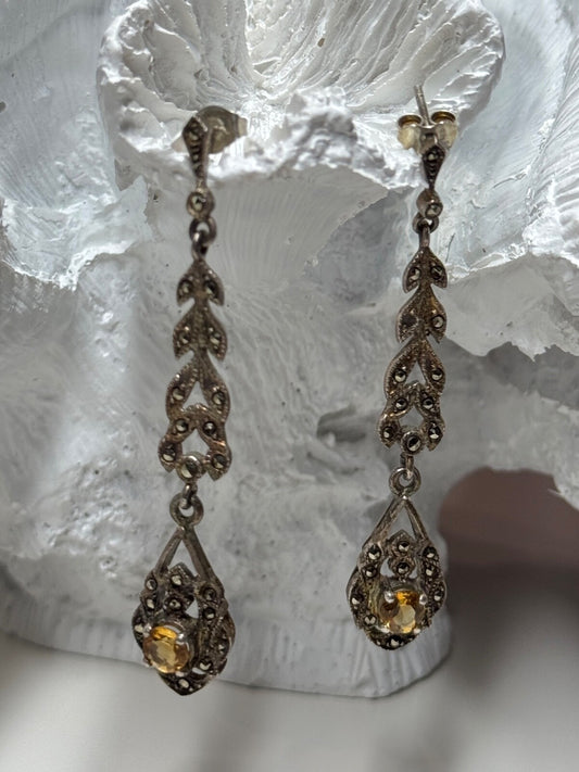 925 Sterling Silver Citrine & Marcasite Earrings Length 2.2 Inch